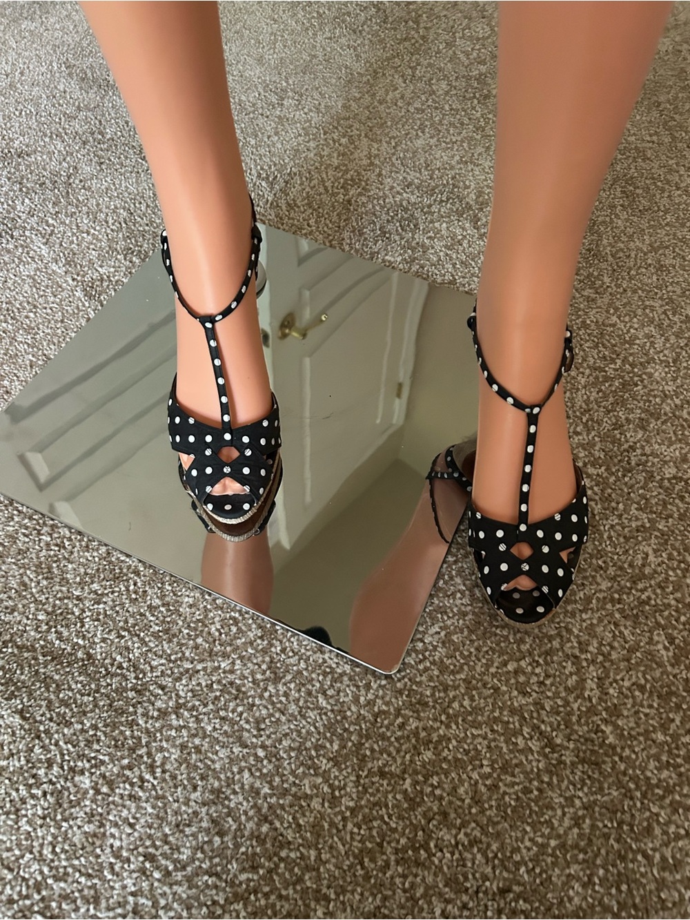 Oscar de la Renta Black and White Polka Dot T-Strap Heels
